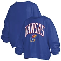 Women's Pressbox Royal Kansas Jayhawks Janise Arch Over Logo Waist Length Oversized Pullover Sweatshirt