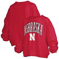 Women's Pressbox Scarlet Nebraska Huskers Janise Arch Over Logo Waist Length Oversized Pullover Sweatshirt