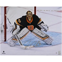 Tuukka Rask Boston Bruins Autographed 16" x 20" Black Alternate Jersey In Net Photograph with Multiple Inscriptions - Signed in Gold Ink - Limited Edition #1/1
