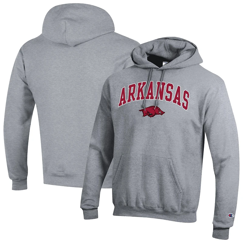 Men's Champion  Heather Gray Arkansas Razorbacks Arched Logo Fleece Pullover Hoodie