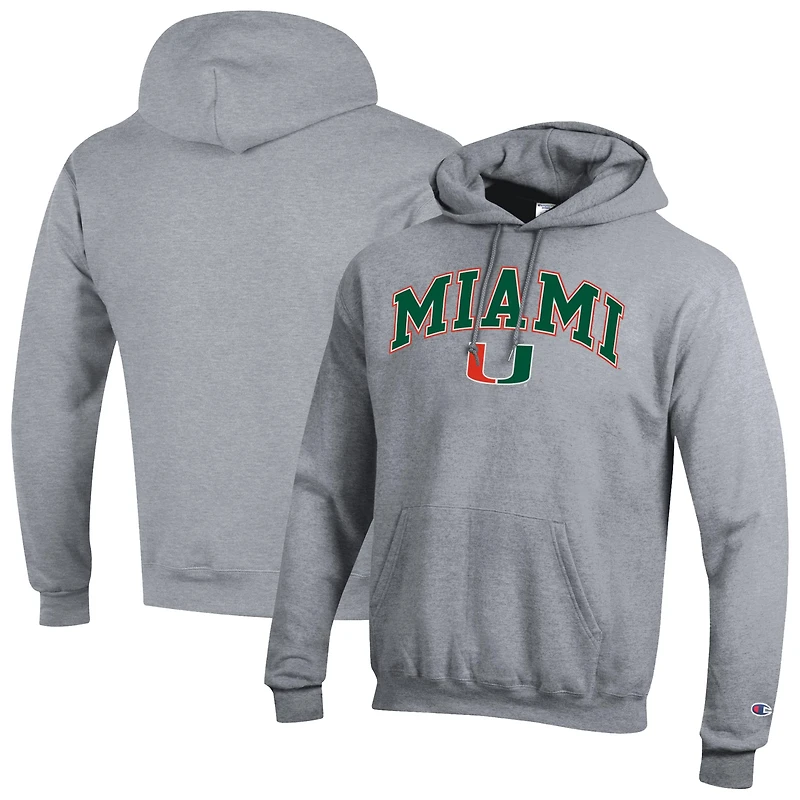 Men's Champion Heather Gray Miami Hurricanes Arch Over Logo Pullover Hoodie