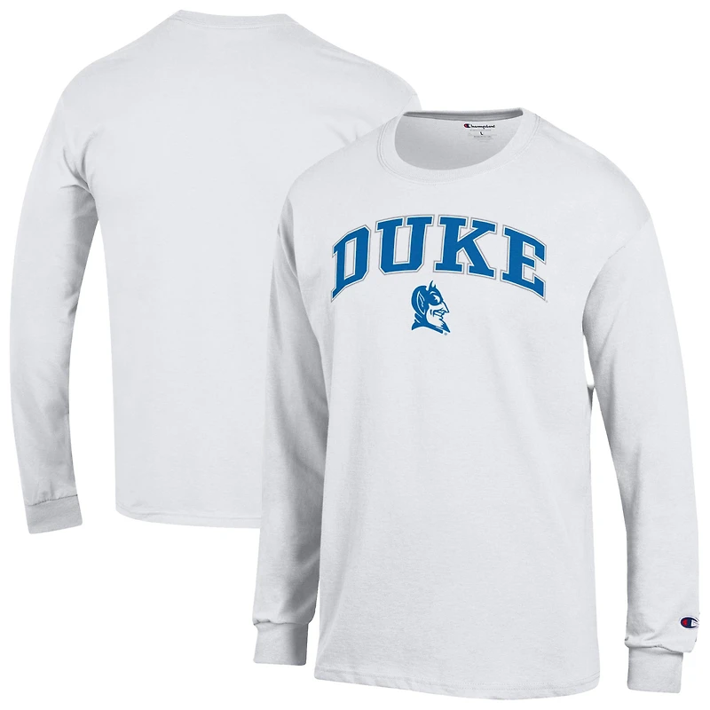 Men's Champion White Duke Blue Devils Arch Over Logo Long Sleeve T-Shirt