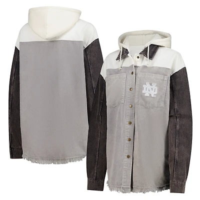 Women's Gameday Couture Gray Notre Dame Fighting Irish Vintage Wash Corduroy Full-Snap Hooded Shacket