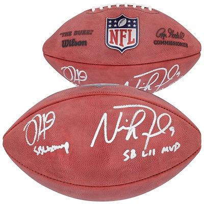 Jalen Hurts & Nick Foles Philadelphia Eagles Autographed Wilson Duke Football with "SB LIX MVP" & "SB LII MVP" Inscriptions