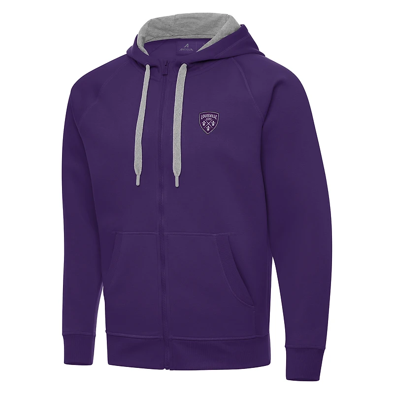 Men's Antigua Purple Louisville City FC Victory Raglan Full-Zip Fleece Hoodie