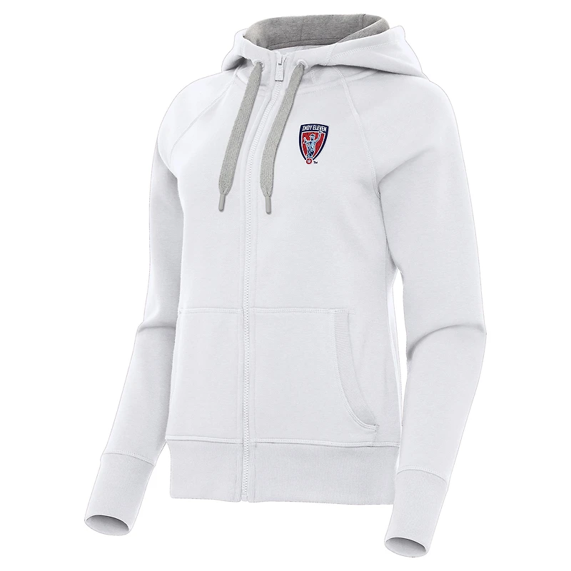 Women's Antigua White Indy Eleven Victory Raglan Fleece Full-Zip Hoodie