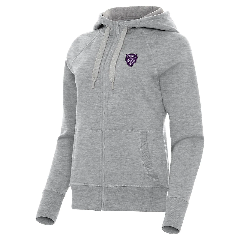 Women's Antigua Heather Gray Louisville City FC Victory Raglan Fleece Full-Zip Hoodie