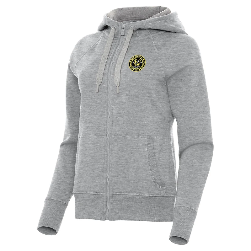 Women's Antigua Heather Gray Pittsburgh Riverhounds SC Victory Raglan Fleece Full-Zip Hoodie