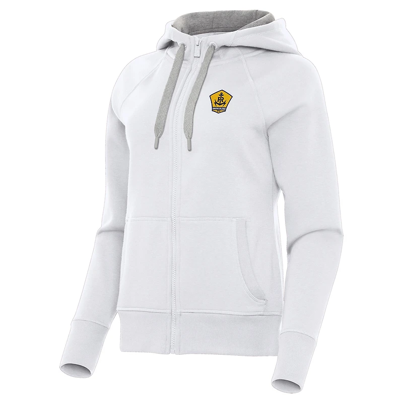 Women's Antigua White Rhode Island FC Victory Raglan Fleece Full-Zip Hoodie