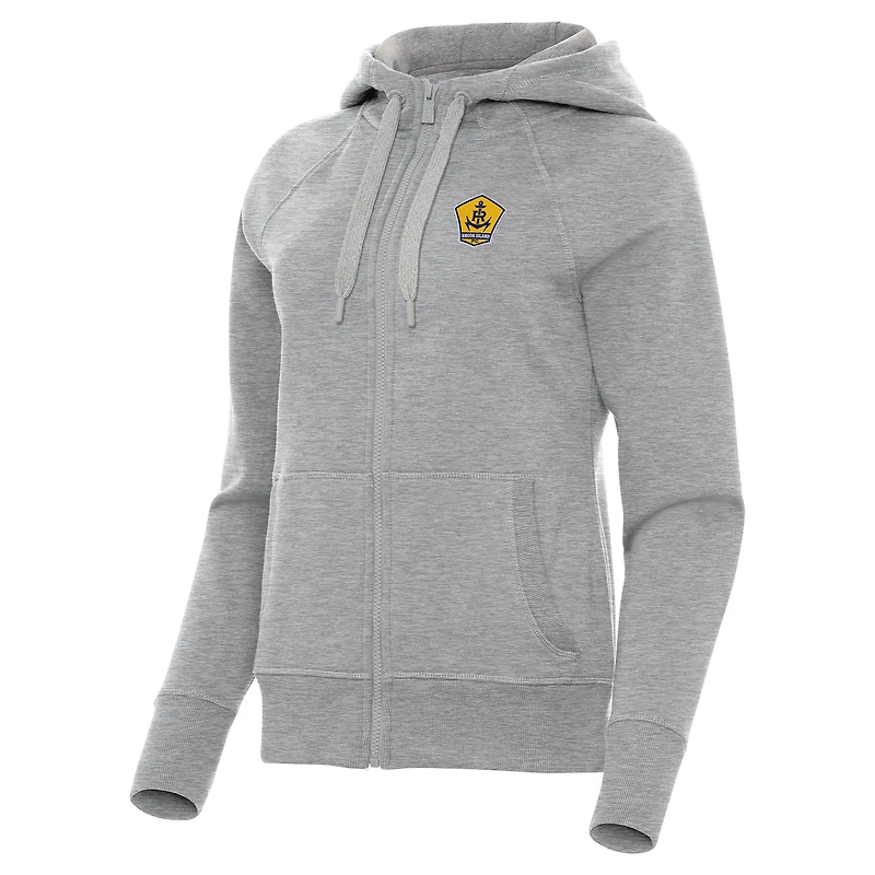 Women's Antigua Heather Gray Rhode Island FC Victory Raglan Fleece Full-Zip Hoodie