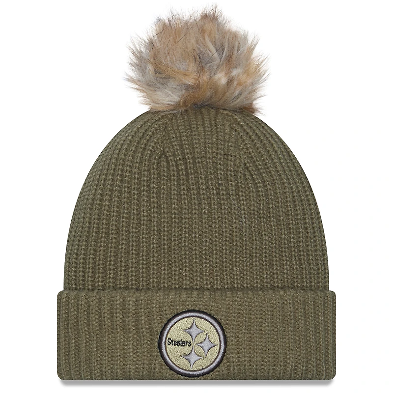Women's New Era  Dark Green Pittsburgh Steelers 2025 Salute to Service Cuffed Knit Hat with Pom
