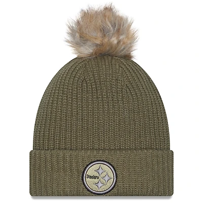 Women's New Era  Dark Green Pittsburgh Steelers 2025 Salute to Service Cuffed Knit Hat with Pom