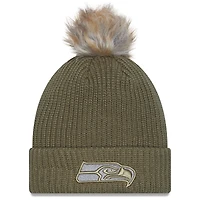 Women's New Era  Dark Green Seattle Seahawks 2025 Salute to Service Cuffed Knit Hat with Pom