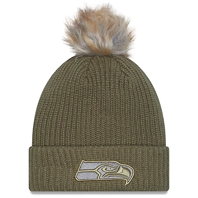 Women's New Era  Dark Green Seattle Seahawks 2025 Salute to Service Cuffed Knit Hat with Pom