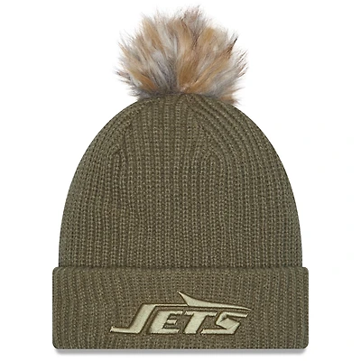 Women's New Era  Dark Green New York Jets 2025 Salute to Service Cuffed Knit Hat with Pom