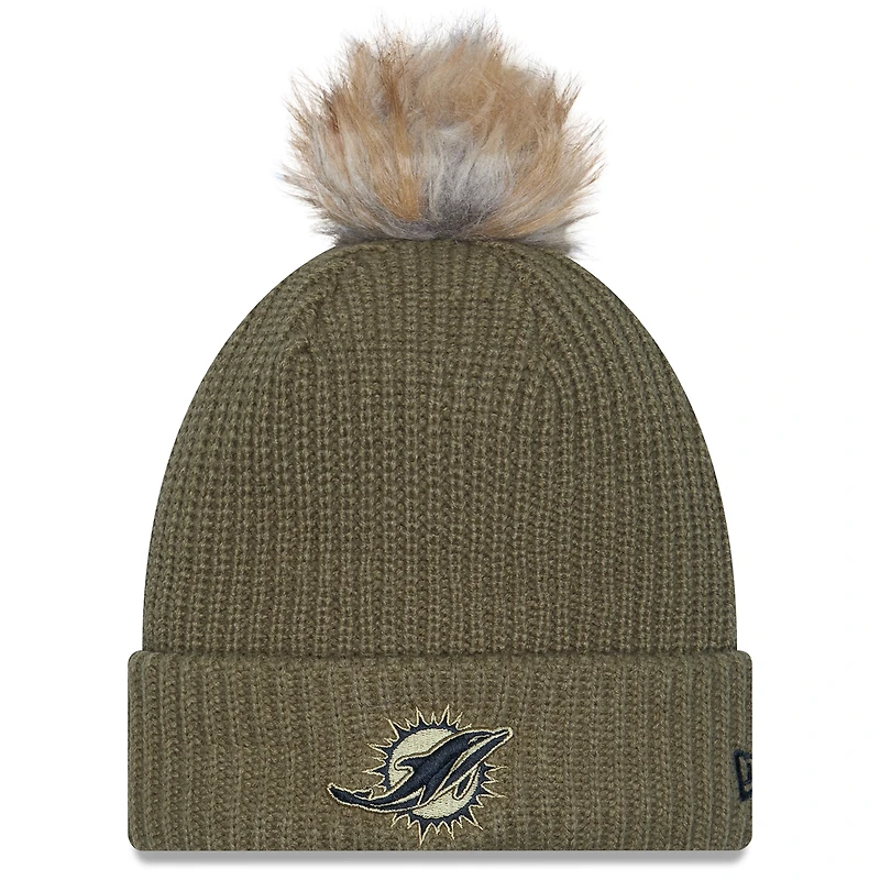 Women's New Era  Dark Green Miami Dolphins 2025 Salute to Service Cuffed Knit Hat with Pom