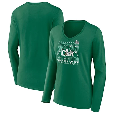 Women's Fanatics Kelly Green Philadelphia Eagles Super Bowl LIX Champions Retro Logo Long Sleeve V-Neck T-Shirt