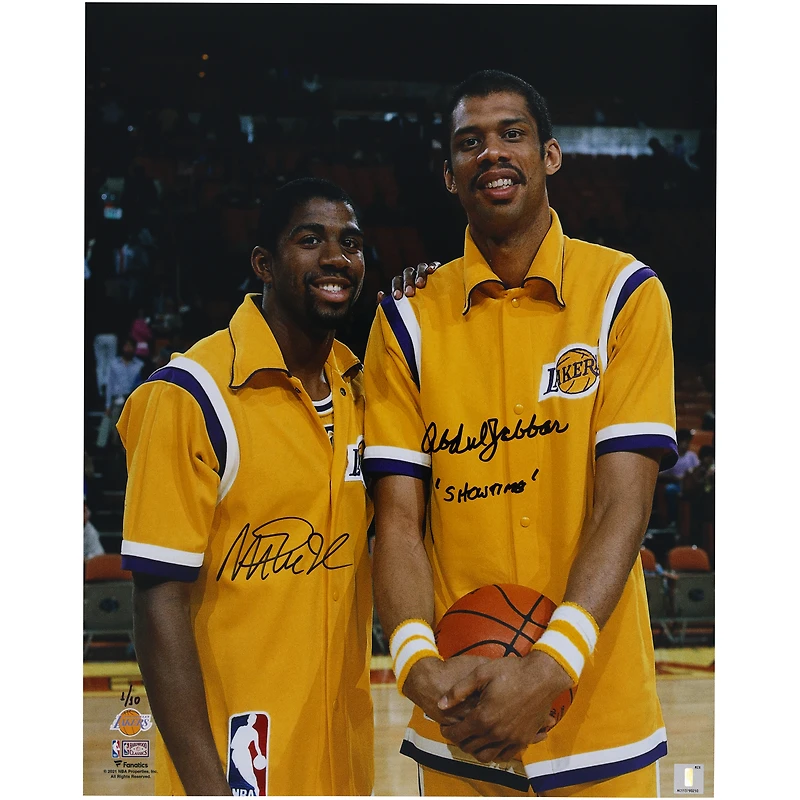 Magic Johnson & Kareem Abdul-Jabbar Los Angeles Lakers Autographed 16" x 20" Warm-ups Photograph with "Showtime" Inscription