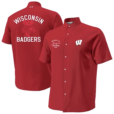 Men's Under Armour  Red Wisconsin Badgers Gameday Armourfuse Camp Button-Up Shirt