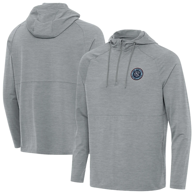Men's Antigua Heather Gray New York City FC Spikes Raglan Quarter-Zip Pullover Hoodie