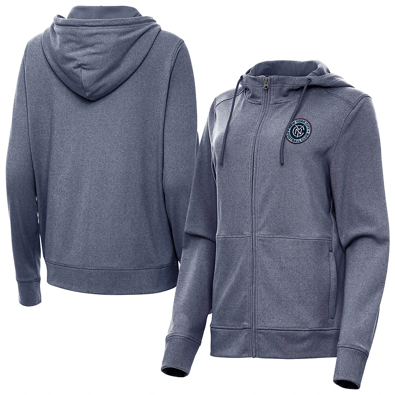 Women's Antigua Heather Navy New York City FC Fleece Full-Zip Seeker Hoodie