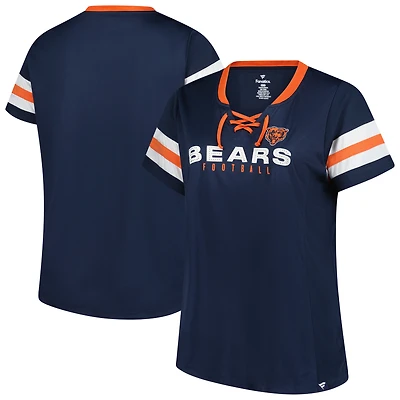 Women's Fanatics Navy Chicago Bears Plus Rhinestone Redzone Athena Lace-Up Notch Neck T-Shirt