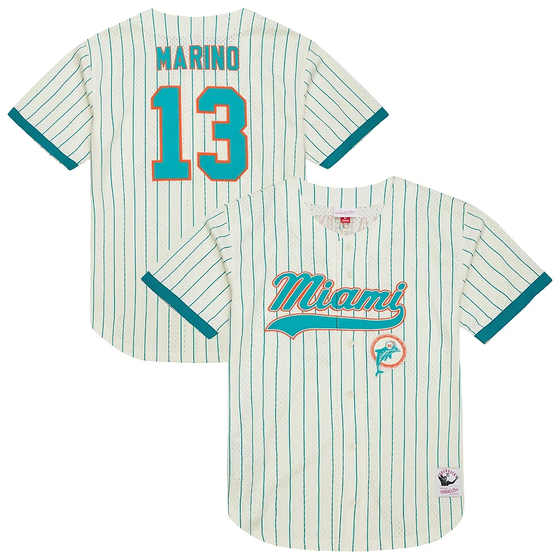 Men's Mitchell & Ness Dan Marino Cream Miami Dolphins Name Number Mesh Button-Up Baseball Jersey