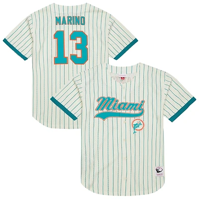 Men's Mitchell & Ness Dan Marino Cream Miami Dolphins Name Number Mesh Button-Up Baseball Jersey