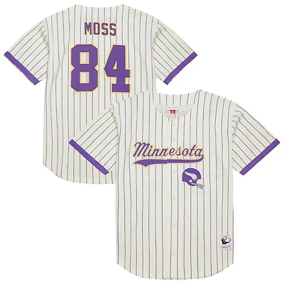 Men's Mitchell & Ness Randy Moss Cream Minnesota Vikings Name Number Mesh Button-Up Baseball Jersey