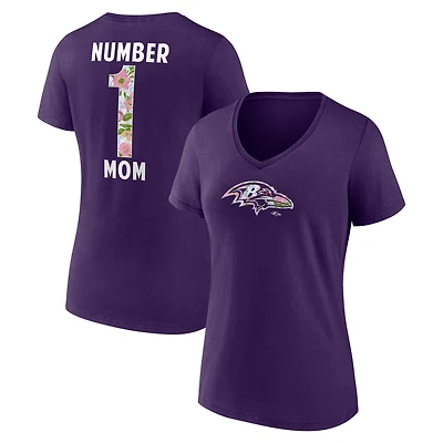 Women's Purple Baltimore Ravens Number 1 Mom Floral V-Neck T-Shirt