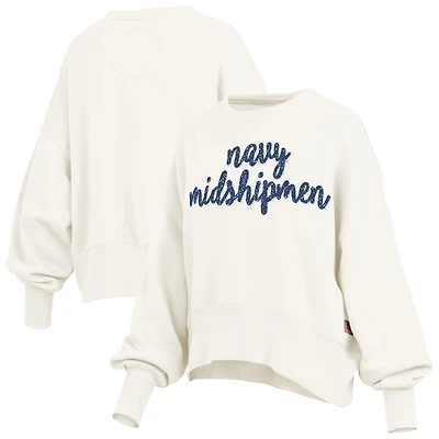 Women's Pressbox Cream Navy Midshipmen Oversized Chelsea Waist Length Pullover Sweatshirt