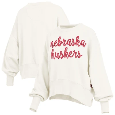 Women's Pressbox Cream Nebraska Huskers Oversized Chelsea Waist Length Pullover Sweatshirt