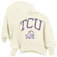 Women's Pressbox Natural TCU Horned Frogs Oversized Waist-Length Crewneck Sweatshirt