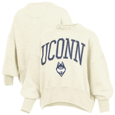Women's Pressbox Natural UConn Huskies Oversized Waist-Length Crewneck Sweatshirt