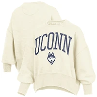 Women's Pressbox Natural UConn Huskies Oversized Waist-Length Crewneck Sweatshirt
