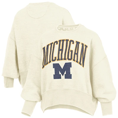 Women's Pressbox Natural Michigan Wolverines Oversized Waist-Length Crewneck Sweatshirt