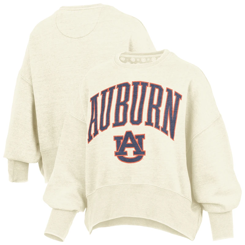 Women's Pressbox Natural Auburn Tigers Oversized Waist-Length Crewneck Sweatshirt
