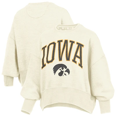 Women's Pressbox Natural Iowa Hawkeyes Oversized Waist-Length Crewneck Sweatshirt