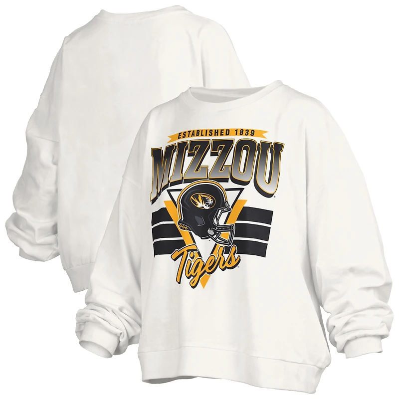 Women's Pressbox White Missouri Tigers Oversized Janice Retro Waist-Length Pullover Sweatshirt