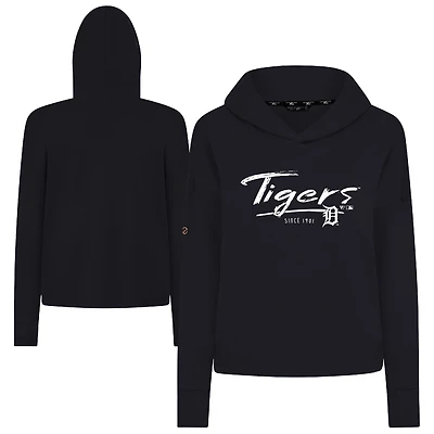 Women's Levelwear Black Detroit Tigers Tri-Blend Sweet Express Cropped Pullover Hoodie