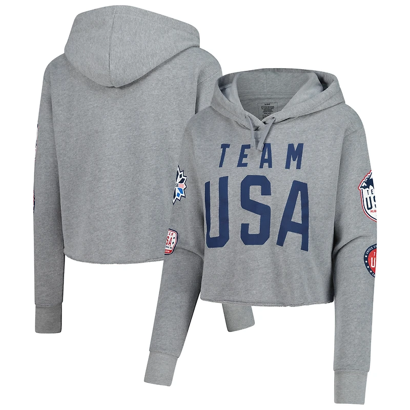 Women's Heather Gray Team USA Flag & Patches Fleece Cropped Pullover Hoodie