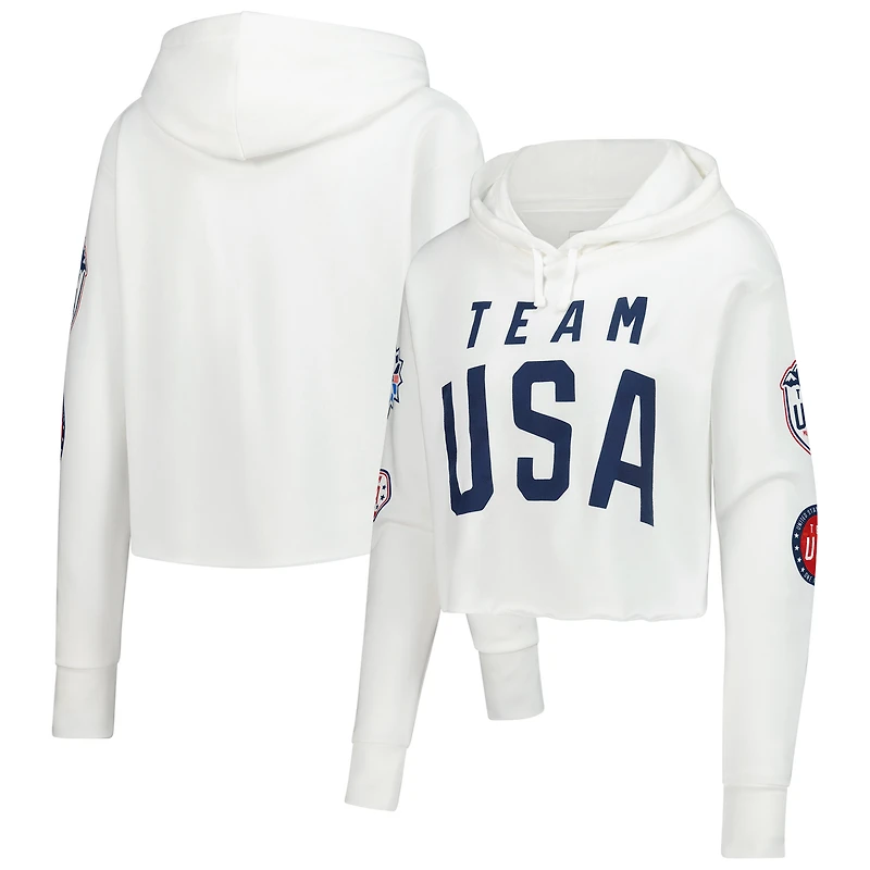 Women's White Team USA Flag & Patches Fleece Cropped Pullover Hoodie