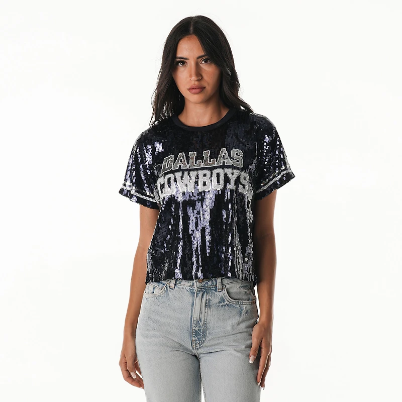 Women's The Wild Collective Navy Dallas Cowboys Practice Sequin Cropped T-Shirt