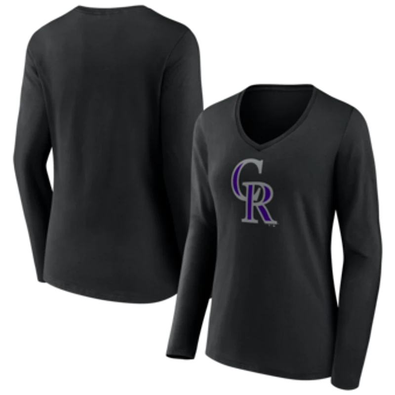 Women's Black Colorado Rockies Logo Long Sleeve V-Neck T-Shirt