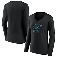 Women's Black Miami Marlins Logo Long Sleeve V-Neck T-Shirt