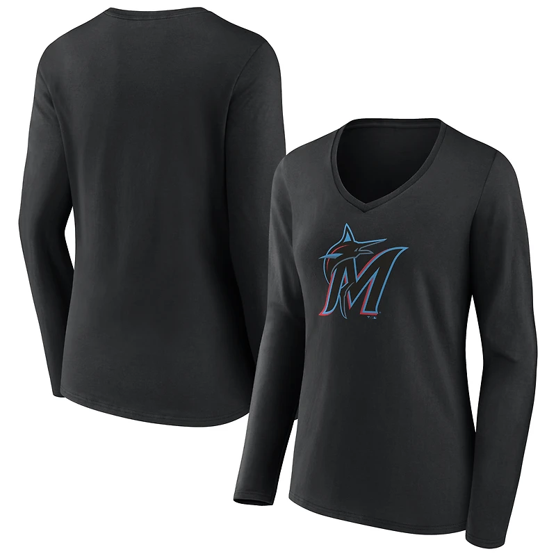 Women's Black Miami Marlins Logo Long Sleeve V-Neck T-Shirt