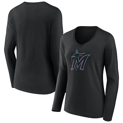 Women's Black Miami Marlins Logo Long Sleeve V-Neck T-Shirt
