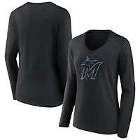 Women's Black Miami Marlins Logo Long Sleeve V-Neck T-Shirt