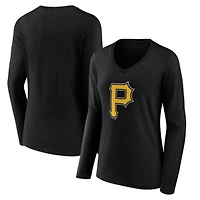 Women's Black Pittsburgh Pirates Logo Long Sleeve V-Neck T-Shirt
