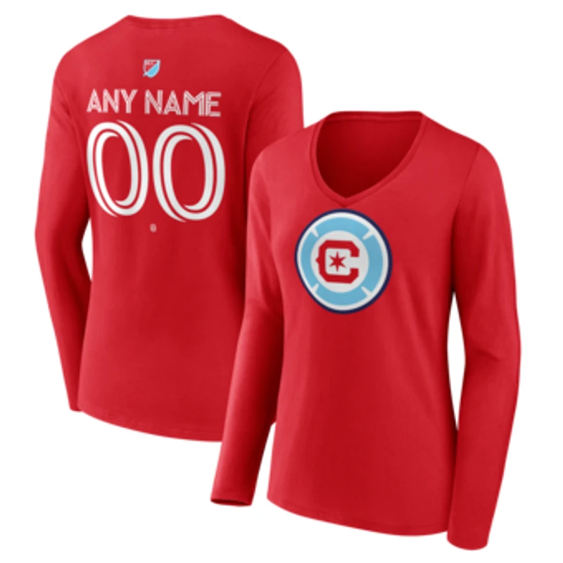 Women's Red Chicago Fire Authentic Stack Personalized Any Name & Number Long Sleeve V-Neck T-Shirt